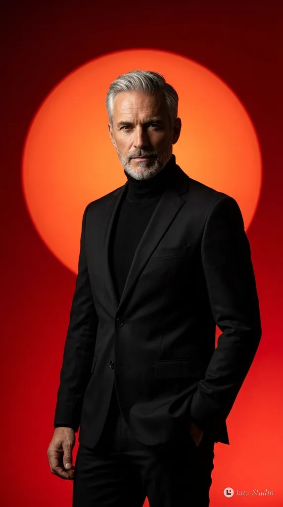 Mature silver-haired man in a black suit standing in front of a glowing red circular backdrop.