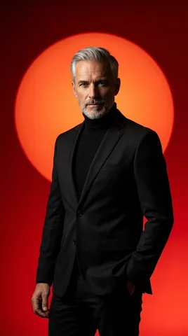 Mature silver-haired man in a black suit standing in front of a glowing red circular backdrop.