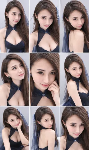 A 3 by 3 grid collage of portraits of a young Asian woman in a studio setting.