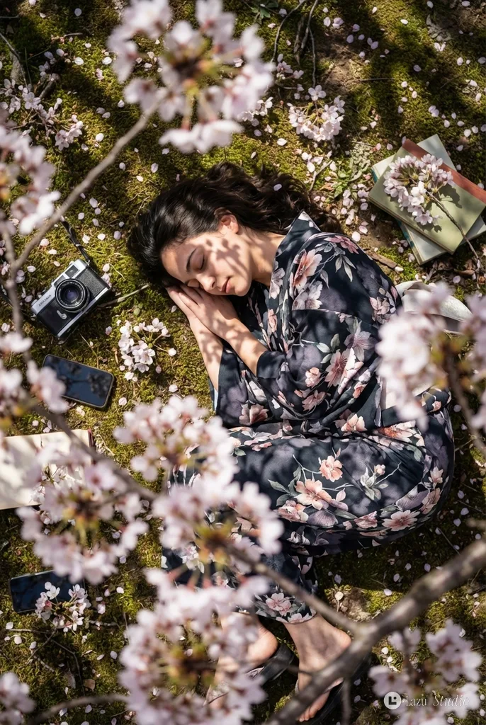 Top-down view of a person sleeping peacefully surrounded by pink flowers, books, and soft sunlight.