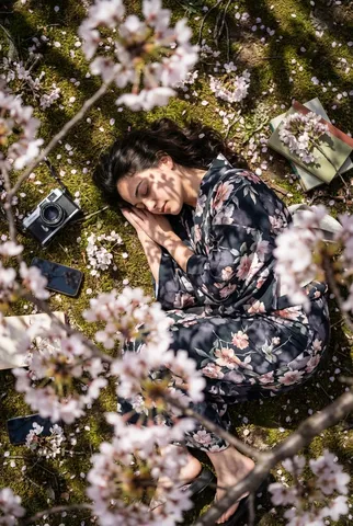 Top-down view of a person sleeping peacefully surrounded by pink flowers, books, and soft sunlight.