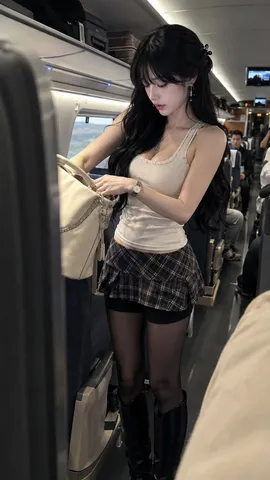 A young woman in a tank top and plaid mini skirt standing in a high-speed train aisle, seen from a phone angle.