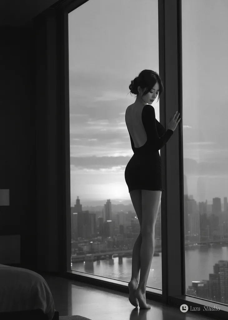 黑白攝影中，身穿黑色露背短裙的女子在清晨落地窗前緩緩轉身。