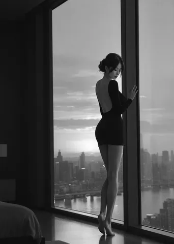 Black-and-white full-body shot of a woman in an open-back mini dress turning from a tall window.