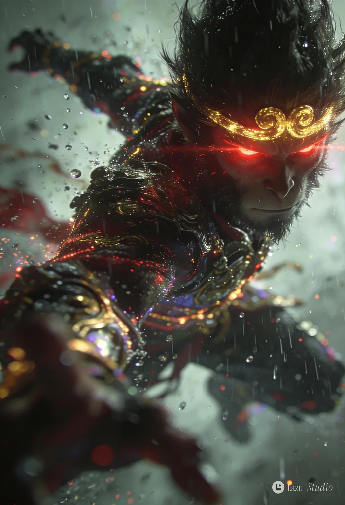 Sun Wukong with glowing eyes flying in a rainstorm.