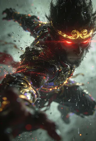 Sun Wukong with glowing eyes flying in a rainstorm.