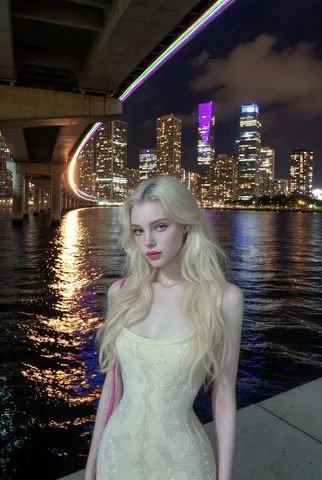 Close-up night portrait of a woman with platinum blonde hair standing by a city waterfront.