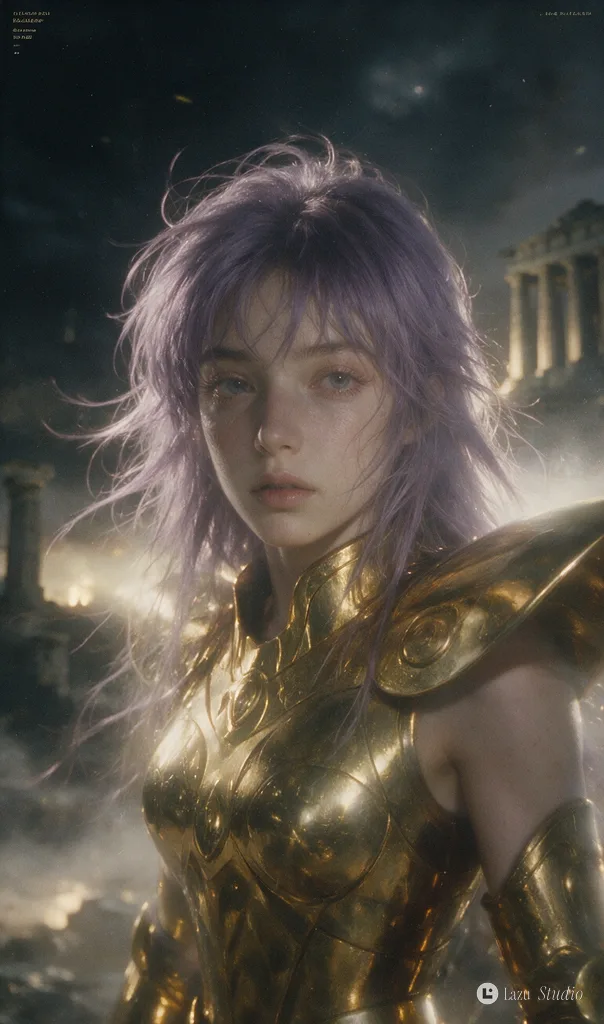 Hazy, soft-focus portrait of a woman in golden armor with flowing lavender hair.