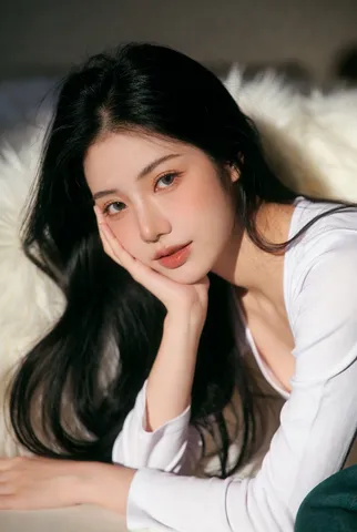 Young Asian woman with long black hair lying on a soft white fur blanket.