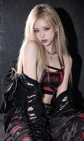 A blonde young woman in black and red stage attire posing under dramatic studio lighting.