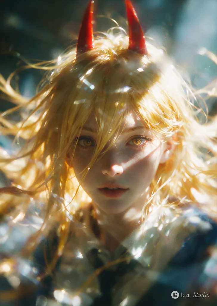 Soft-focus digital portrait of blonde anime girl with red horns under Rembrandt lighting.
