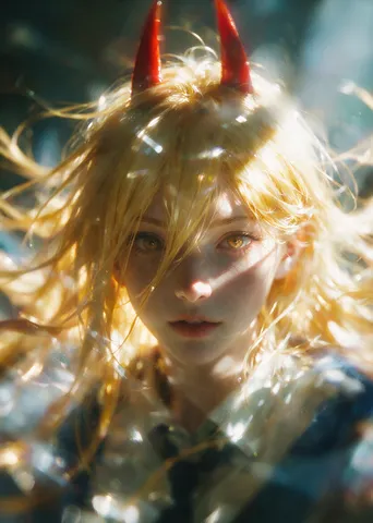Soft-focus digital portrait of blonde anime girl with red horns under Rembrandt lighting.