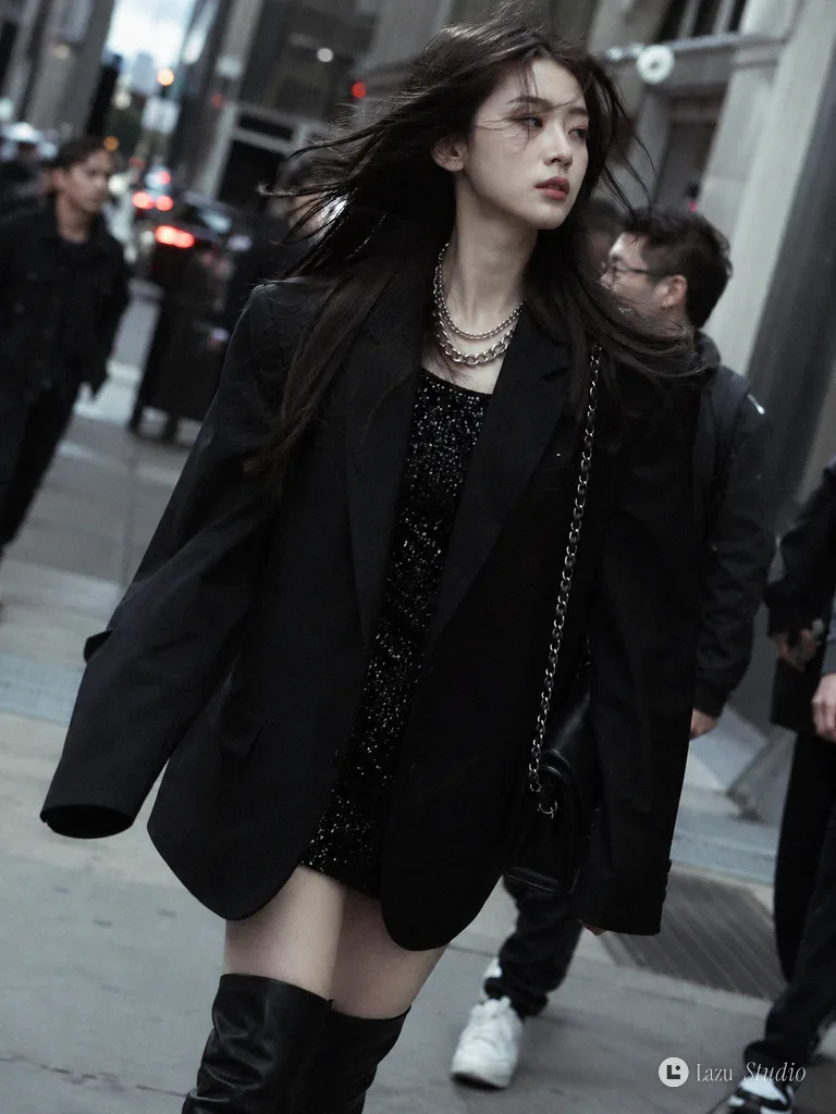 A fashionable woman in an oversized black blazer walking outdoors on a busy city street.