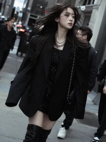 A fashionable woman in an oversized black blazer walking outdoors on a busy city street.