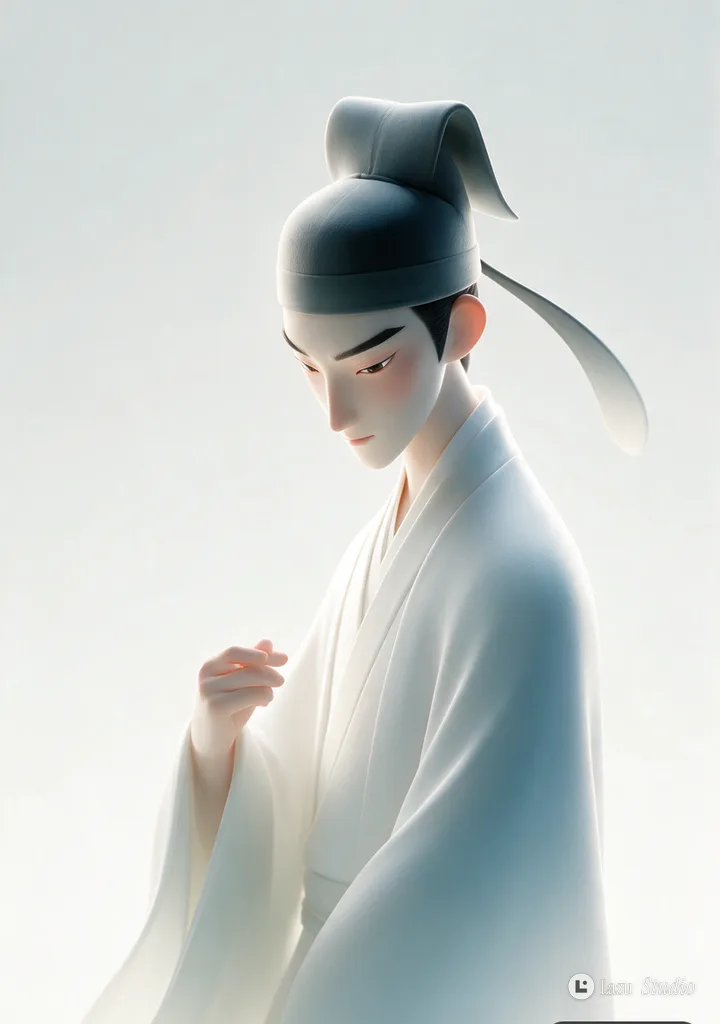 3D render of an Eastern scholar wearing a flowing white robe against a soft gradient background.