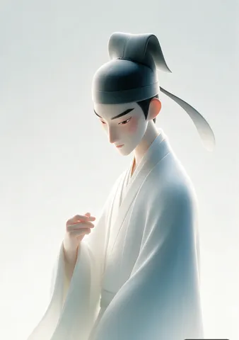 3D render of an Eastern scholar wearing a flowing white robe against a soft gradient background.