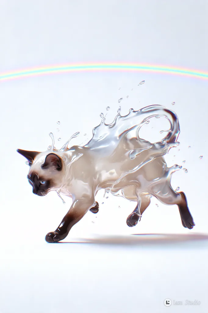 Surrealist illustration of a fluid, splashing Siamese cat figure over minimalist rainbow stripes.