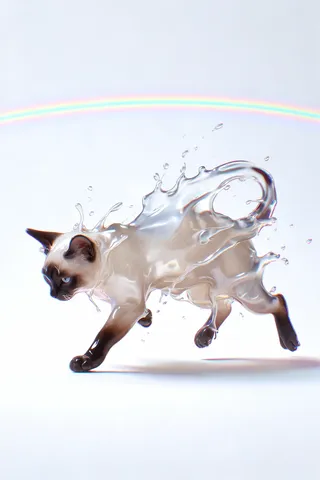 极简彩虹细线条背景前，呈水流飞溅形态的液态暹罗猫轮廓插画。