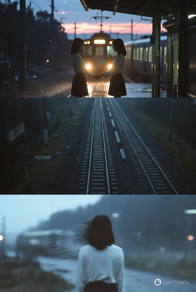Triptych showing a couple on a rainy train platform, empty train tracks from above, and a girl looking away.
