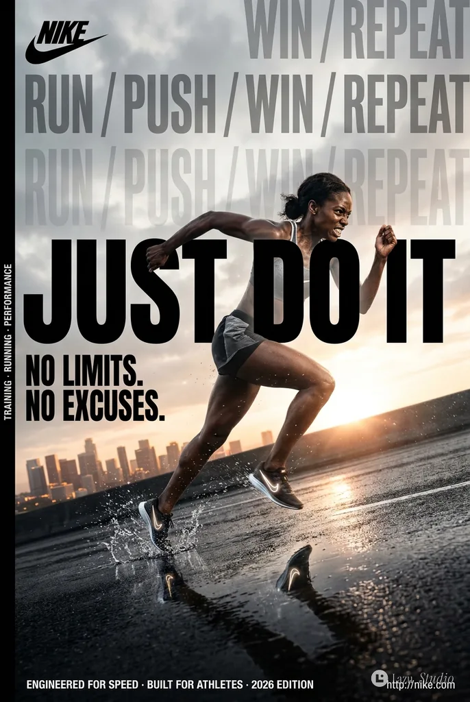 Runner sprinting up a wet city street at sunrise on a dramatic commercial billboard mockup.