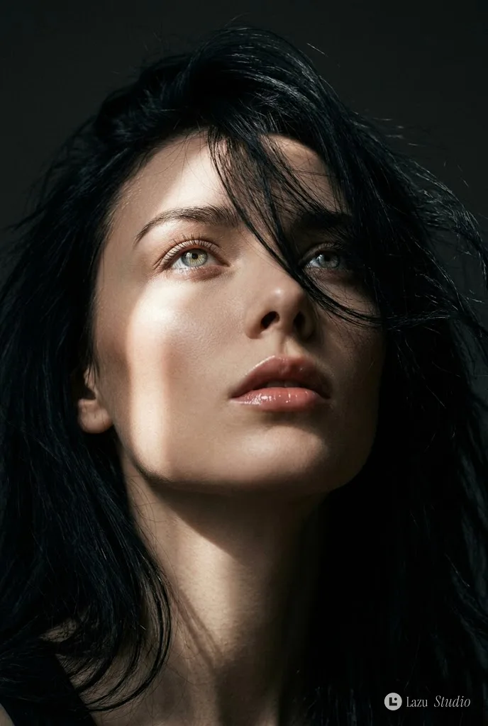 Close-up portrait of a woman with windswept hair across her face, highlighted by a diagonal light beam.