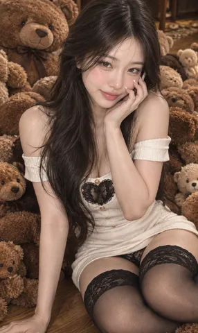Woman in an off-shoulder dress sitting cross-legged amid heaps of plush brown teddy bears.