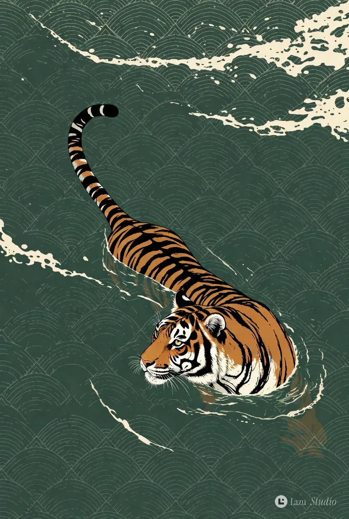 Iridescent tile mosaic of an orange tiger swimming through patterned green water.