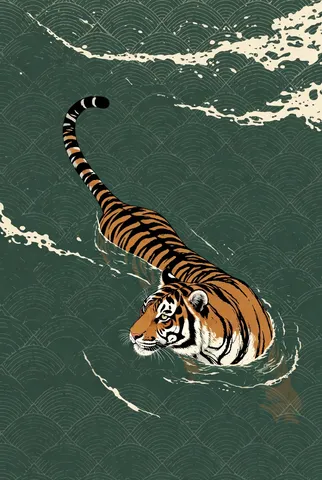 Iridescent tile mosaic of an orange tiger swimming through patterned green water.