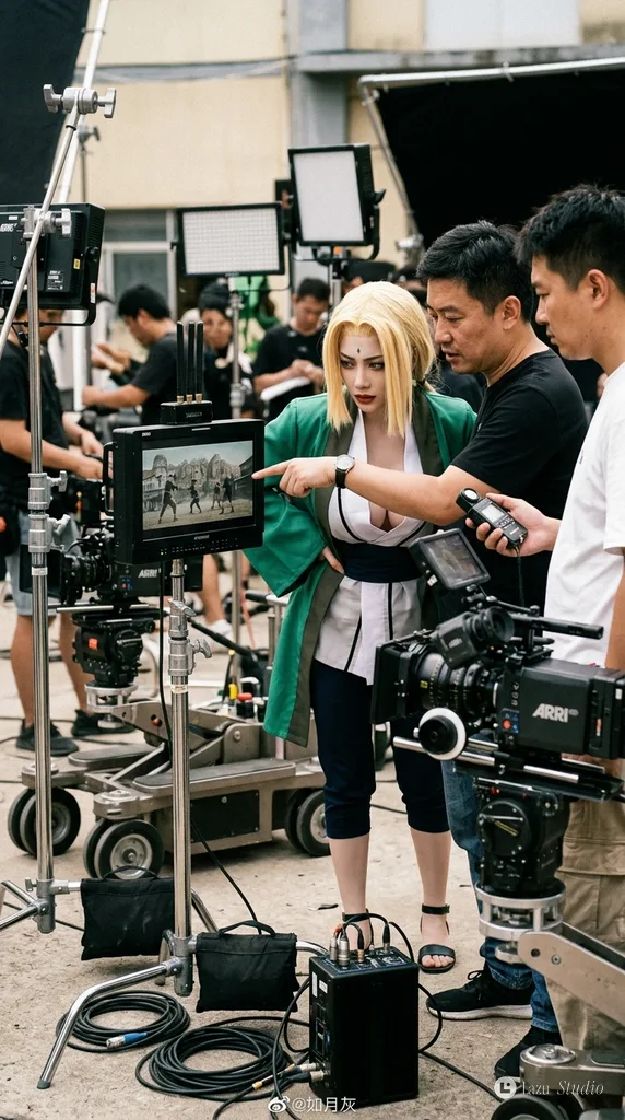 Actor dressed as Tsunade standing with film crew reviewing playback on a set monitor.