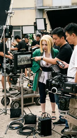Actor dressed as Tsunade standing with film crew reviewing playback on a set monitor.