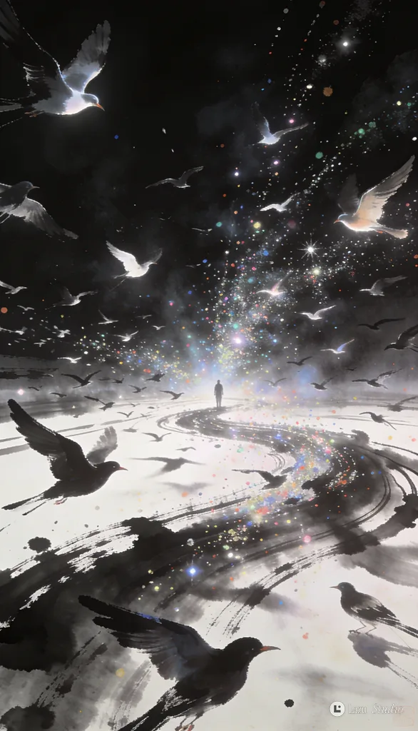 A dense flock of black birds swirling dramatically through a cold, misty dark ink-wash void.