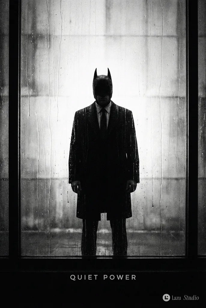 Backlit neo-noir silhouette of a suited male vigilante with bat ears.