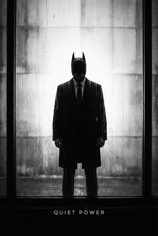 Backlit neo-noir silhouette of a suited male vigilante with bat ears.
