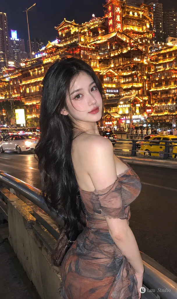 黄金に輝く重慶の洪崖洞を背景に、フラッシュの光を浴びて佇む若い女性。