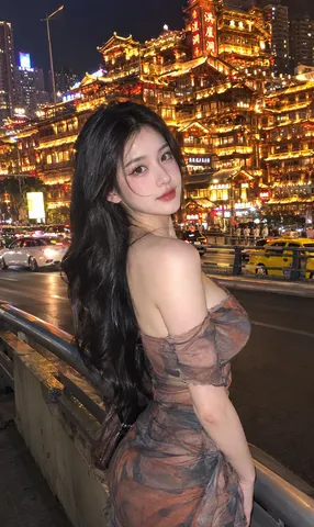 A young woman illuminated by camera flash against the glowing amber pavilions of Hongya Cave at night.