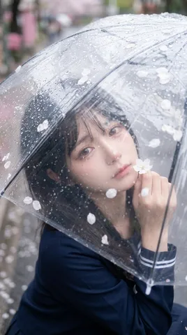 Woman looking upward through a rain-splattered clear umbrella with gentle catchlights in her eyes.