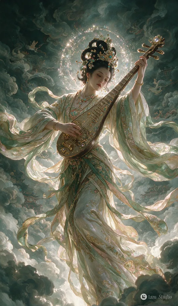 Low-angle view of an ethereal goddess in ornate traditional robes playing a pipa behind her back.