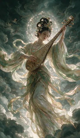 Low-angle view of an ethereal goddess in ornate traditional robes playing a pipa behind her back.