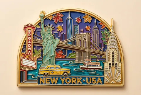 Cloisonné enamel New York souvenir magnet with the skyline, Statue of Liberty, and yellow taxi in gold filigree.