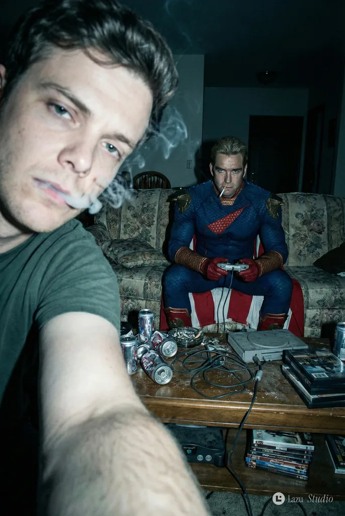 A gritty direct-flash photo of Hughie smoking close to the camera while Homelander plays games on a couch.