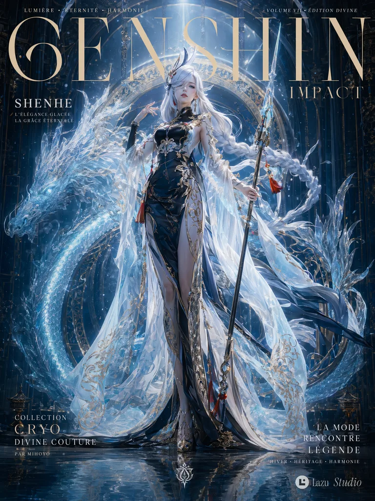 A divine character in elaborate fantasy haute couture posing for a cinematic magazine cover.