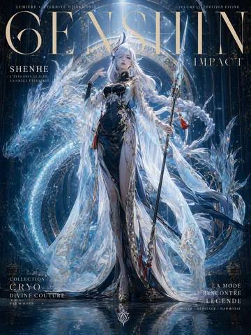 A divine character in elaborate fantasy haute couture posing for a cinematic magazine cover.