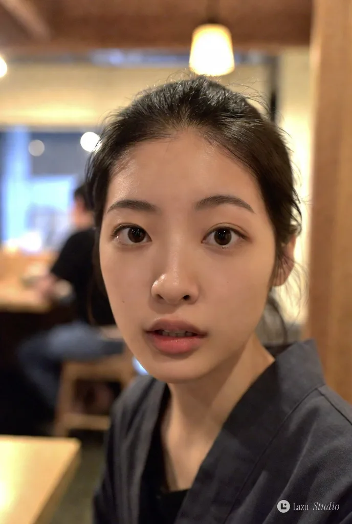 An off-center candid photo of a young Japanese woman sitting in an izakaya.