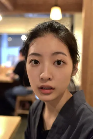 An off-center candid photo of a young Japanese woman sitting in an izakaya.