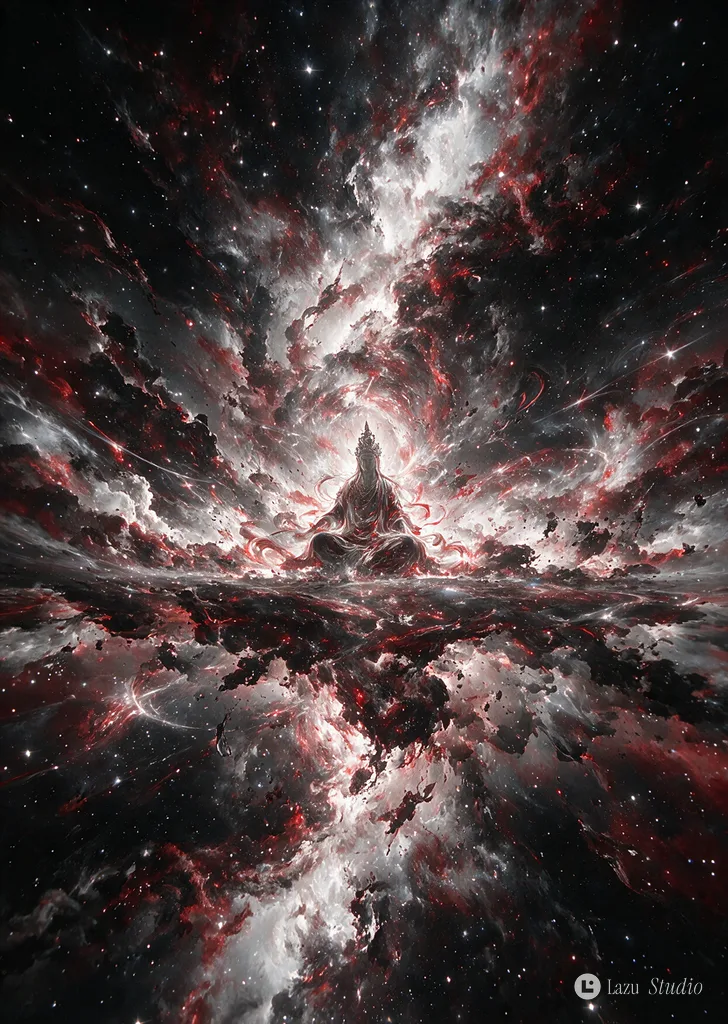 A luminous ethereal deity reflected symmetrically amidst cosmic galaxies in black, red, and white.