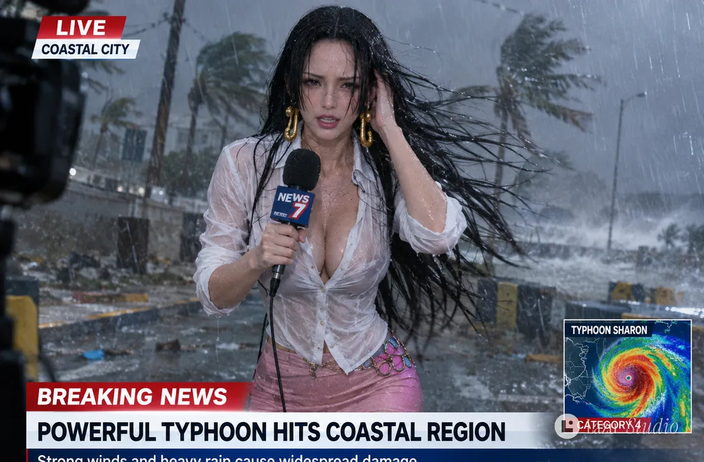 A woman dressed as Boa Hancock reporting outdoors in a torrential rainstorm with news graphics overlaid.