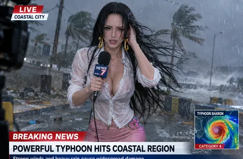 A woman dressed as Boa Hancock reporting outdoors in a torrential rainstorm with news graphics overlaid.