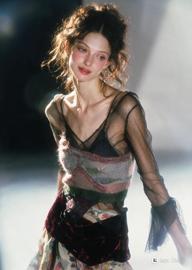 Slender woman in eclectic textured garments shot in a dreamy, retro DV camcorder style.