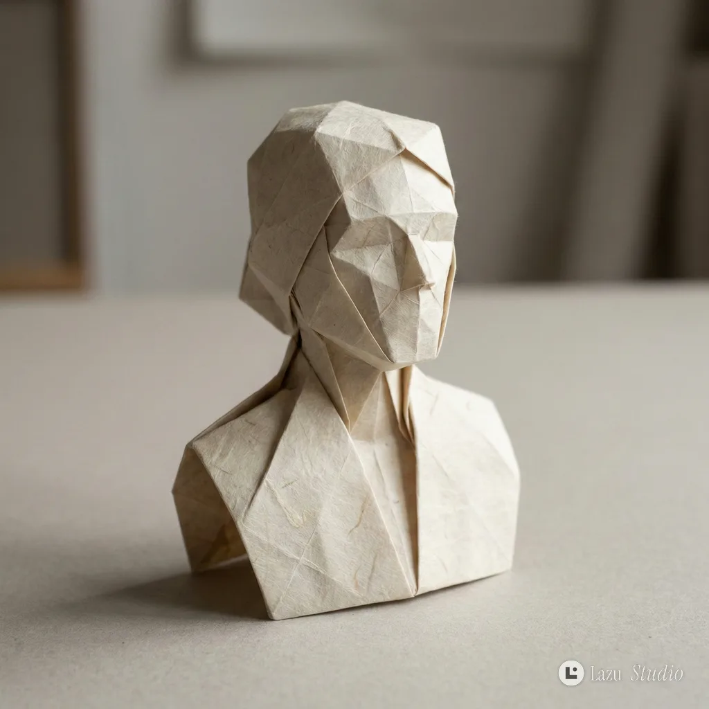 Detailed origami paper sculpture of a character figure on a neutral studio background.