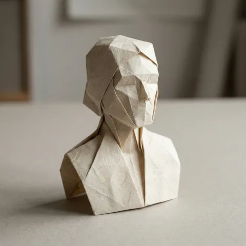 Detailed origami paper sculpture of a character figure on a neutral studio background.